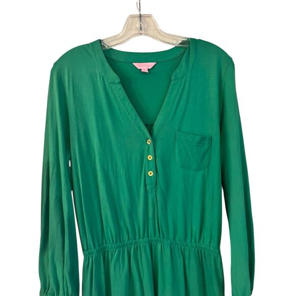 Lilly Pulitzer Beckett Shirt Dress Solid Kelly Green Henley 3/4 Sleeve Medium - Picture 2 of 8